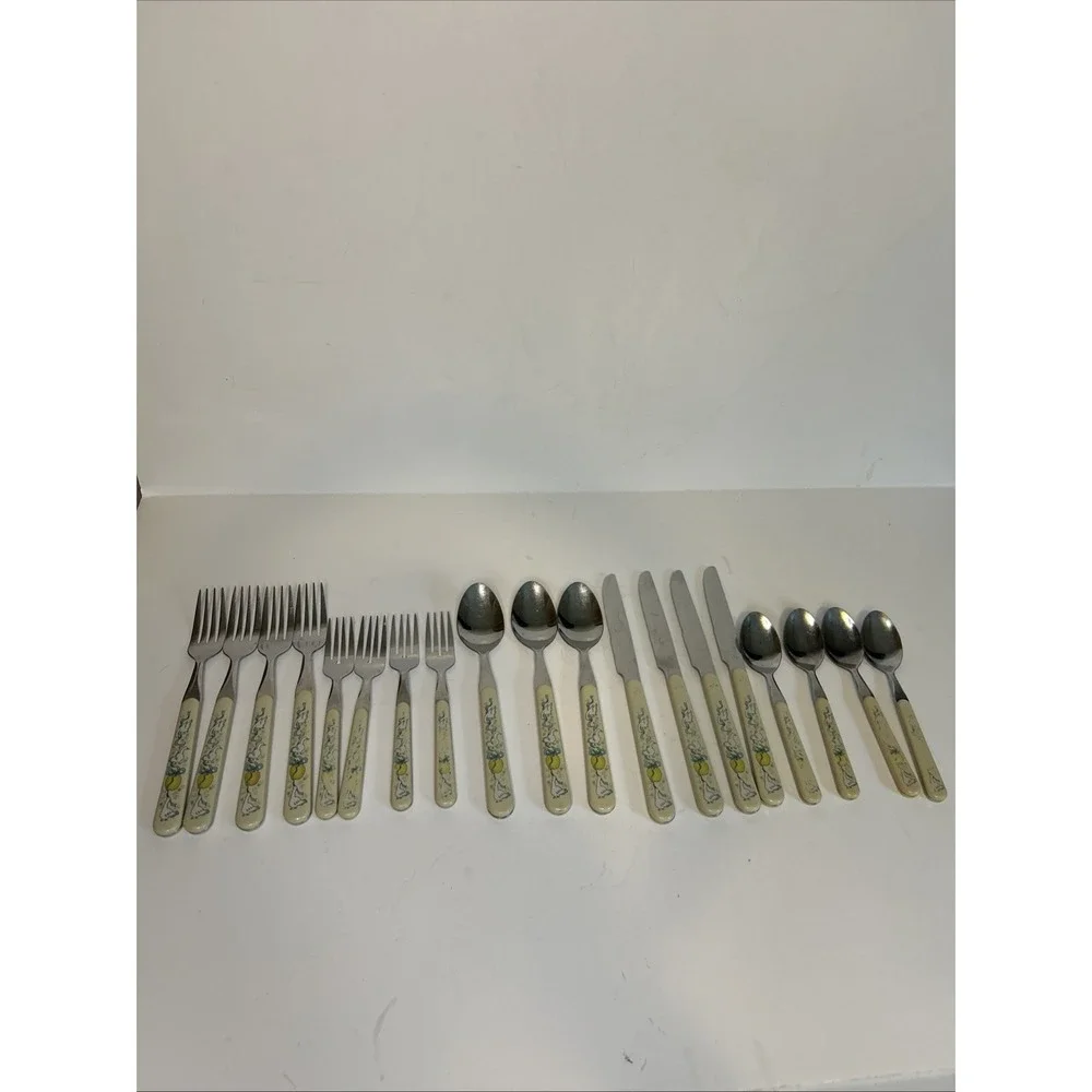 Vintage Flatware Set, Fruit & Goose Stainless Steel Plastic handles, Farmhouse